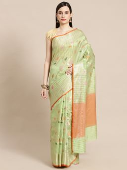 Banarasi Silk Works - Mulberry Woven Saree Green with Unstitched Blouse