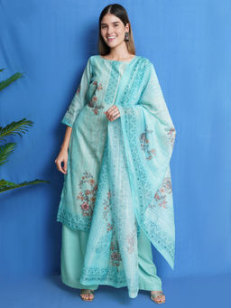Stylee LIFESTYLE - Turquoise Chanderi Silk Digital Printed Dress Material (Set of 3)