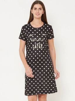 Sweet Dreams - Women Black Polka Print Nightdress