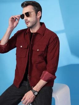 CHKOKKO - Men Maroon Self Design Winter Shacket