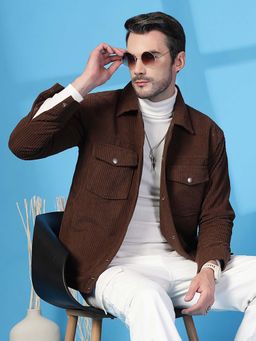 CHKOKKO - Men Brown Self Design Winter Shacket