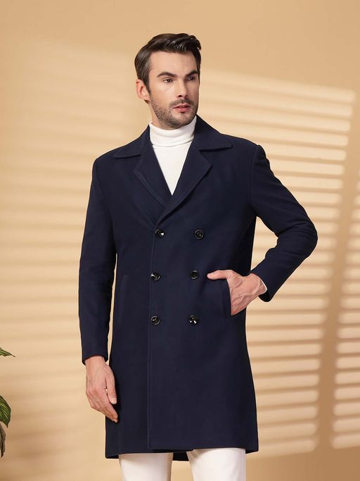 CHKOKKO Men Solid Navy Blue Winter Coat