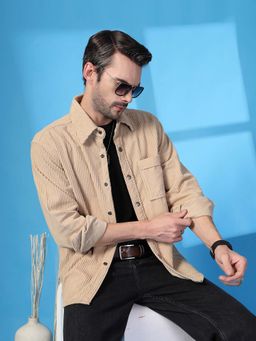 CHKOKKO - Men Beige Self Design Winter Shacket