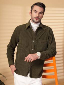CHKOKKO - Men Green Self Design Winter Shacket