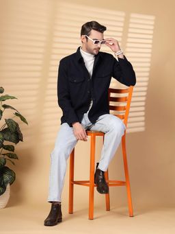 CHKOKKO - Men Navy Blue Self Design Winter Shacket