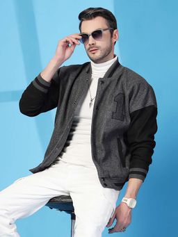 CHKOKKO - Mens Oversized Winter Wear Varsity Jacket with Ribbed Cuffs Grey