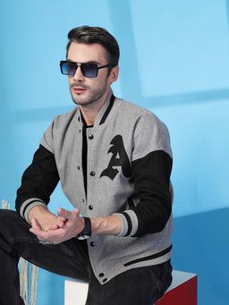 CHKOKKO - Mens Oversized Winter Wear Varsity Jacket with Ribbed Cuffs Grey