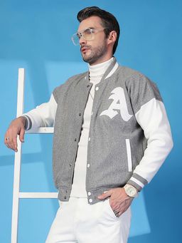 CHKOKKO - Mens Oversized Winter Wear Varsity Jacket with Ribbed Cuffs Grey