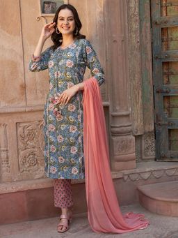 Gahan - Blue Floral Printed Gotta Patti Pure Cotton Kurta With Trousers & Dupatta (Set of 3)