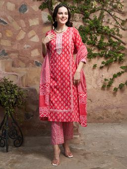 Gahan - Pink Printed Pure Cotton Kurta With Trouser & Dupatta (Set of 3)