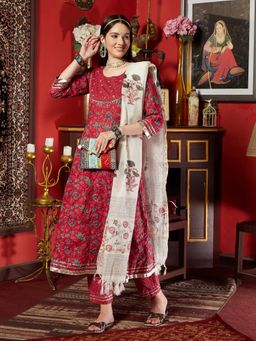 Gahan - Red Floral Mirror Work A-Line Kurta (Set of 3)