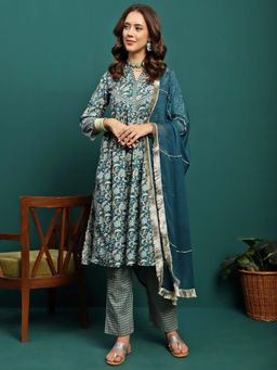 Gahan - Teal Floral Foil Printed Kurta With Tie And Dye Dupatta (Set of 3)