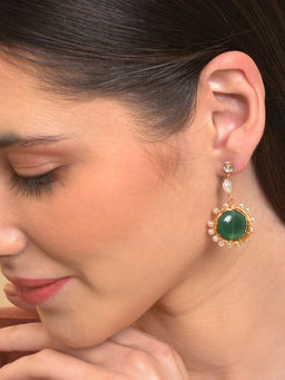 Sohi - Green Gold Toned Pearl Beaded Drop Earring