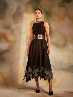 CHANDRIMA - Black Smocked Daisies Cutwork Dress