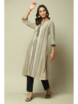 Biba - Womens Beige/black Printed Rayon Straight Kurta