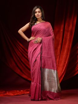 CHARUKRITI - Magenta Cotton Silk Handwoven Zari Stripes and Zari Pallu Saree with Unstitched Blouse