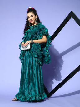 Tikhi Imli - Dark Green Accordion Pleated Ready to Wear Applique Saree with Unstitched Blouse