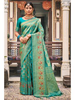 Sangam Prints - Turquoise Silk Woven Zari Work Traditional Tassel Saree with Unstitched Blouse