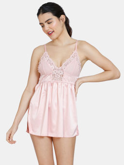 Zivame - Lace Baby Doll With Thong - Peach Pearl - Pink