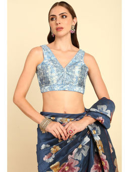 Soch - Powder Blue Printed Silk Blend Stitched Blouse with Unstitched Sleeves (Set of 2)