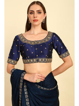 Soch - Navy Blue Floral Embroidered Silk Blend Padded Stitched Blouse with Stones