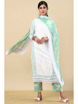 Soch - White & Green Floral Printed Cotton Kurta & Pant with Dupatta (Set of 3)