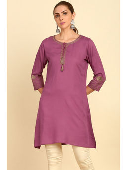 Soch - Onion Pink Keyhole Neck Rayon Slub A-Line Short Kurti with Thread Work
