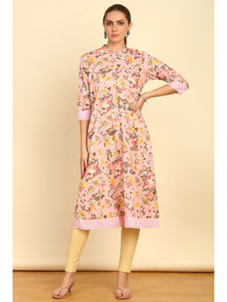 Soch - Pink Floral Printed Cotton Flex Mandarin Collar Kurta with Lace