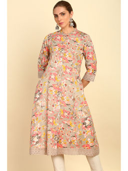Soch - Grey Floral Printed Cotton Flex Mandarin Collar Kurta with Lace