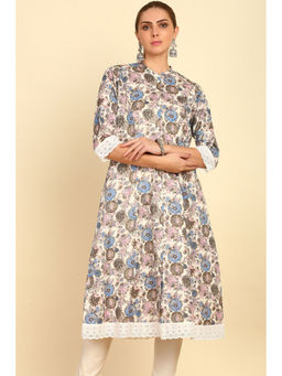Soch - Off-White & Blue Floral Printed Cotton Flex Kurta with Lace
