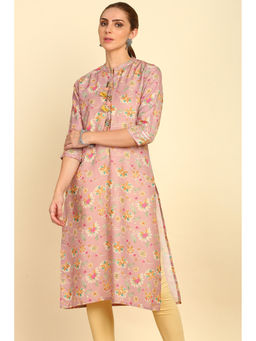 Soch - Onion Pink Floral Printed Rayon Kurta with Tassels