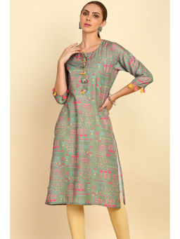 Soch - Green Printed Rayon Straight Kurta with Tassels