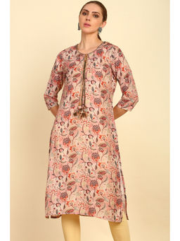 Soch - Peach Floral Printed Rayon Straight Kurta with Tassels