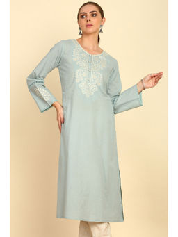 Soch - Powder Blue Yoke Embroidered Cotton Kurta with Lace