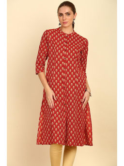 Soch - Red Floral Printed Cotton Straight Kurta with Mandarin Collar