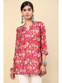 Soch - Fuchsia Floral Printed Notched Neck Silk Blend A-Line Tunic