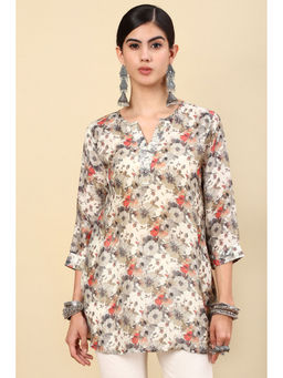 Soch - Cream Floral Printed Notched Neck Silk Blend A-Line Tunic