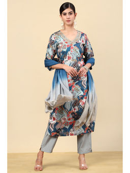 Soch - Teal Floral Printed Silk Blend Kurta & Pant with Dupatta (Set of 3)
