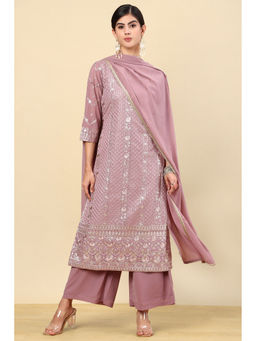 Soch - Pink Floral Embroidered Georgette Kurta with Palazzo & Dupatta (Set of 3)