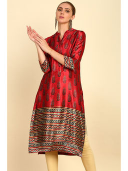 Soch - Red Ethnic Motif Printed Mashru Mandarin Collar Kurta