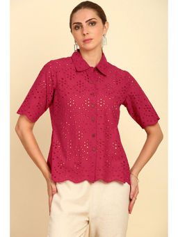 Soch - Maroon Schiffli Embroidery Spread Collar Cotton Shirt