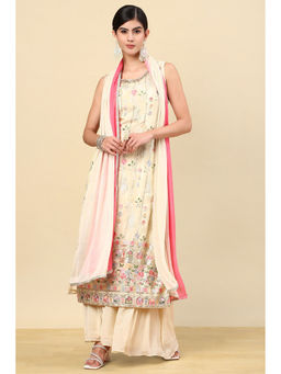 Soch - Beige Floral Embroidery Sequins Work Tissue Kurta with Palazzo & Dupatta (Set of 3)