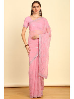 Soch - Blush Pink Stone Embellished Chiffon Saree with Mirror Work with Unstitched Blouse