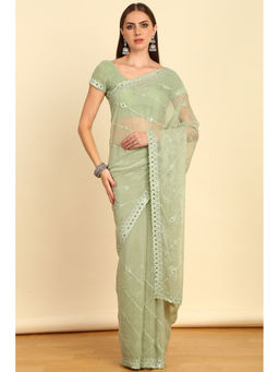 Soch - Sap Green Stone Embellished Chiffon Saree with Mirror Work with Unstitched Blouse