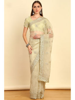 Soch - Sap Green Sequinned Embellished Organza Saree with Zardozi with Unstitched Blouse
