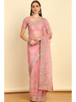Soch - Blush Pink Sequinned Embellished Organza Saree with Zardozi with Unstitched Blouse
