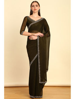 Soch - Olive Green Horizontal Striped Chiffon Saree with Stone Embellishment with Unstitched Blouse