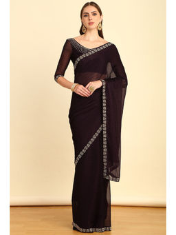 Soch - Wine Horizontal Striped Chiffon Saree with Stone Embellishment with Unstitched Blouse