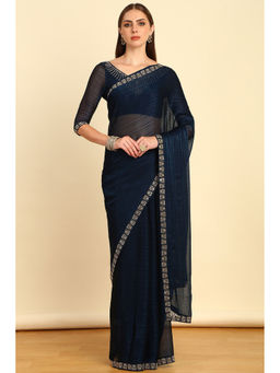 Soch - Navy Blue Horizontal Striped Chiffon Saree with Stone Embellishment with Unstitched Blouse