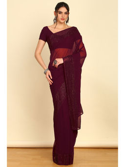 Soch - Wine Stone Embellished Georgette Saree with Unstitched Blouse